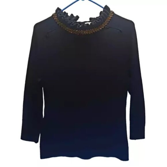 RSVP by Talbots Jewel Ruffle Mock Neck Tie Back Sweater Navy Medium Petite MP - Picture 1 of 12